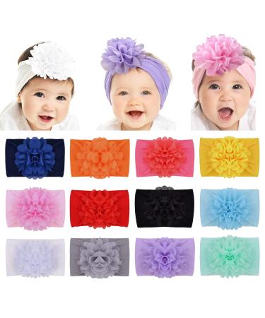 DOOBOI 12pcs Baby Girls Nylon Headbands Chiffon Flower Hair Bows Elastic Hair Band Hair Accessories for Newborn Infants Kids