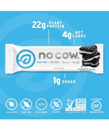 No Cow Protein Bar - Cookies N Cream Flavor, 2.12 oz (60g) | Dairy-Free, High Protein Snack - Buy Online on GoSupps.com