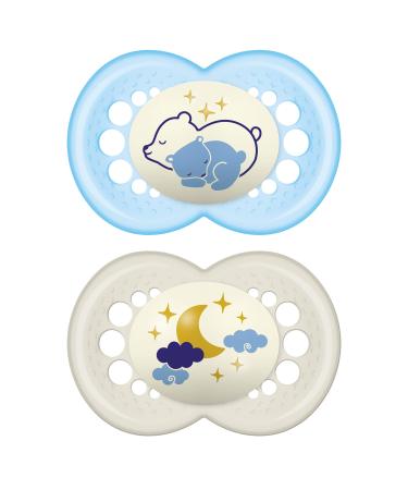 MAM Night Pacifier for 6+ months (2 pack 1 Sterilizing Pacifier Case) MAM Glow in the Dark Soother with a Soft Silicone Nipple Baby Essentials Baby Boy Designs May Vary Boy Night Pacifiers