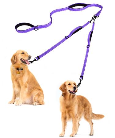 Petbonus dog leash double linen for 2 dogs no complication dog leash medium -sized large dogs adjustable reflective dog leash with 4 cozy padded handles (purple)