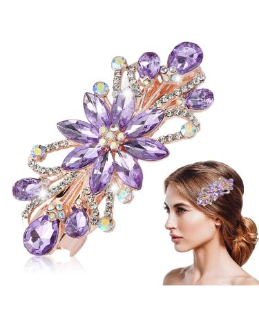 Metal French Flower Hair Clips Rhinestone Hair Clips Antique French Crystal Barrette Hair Pins Purple Flower Leafy Pins Hair Accessories for Women Bridal Wedding Party