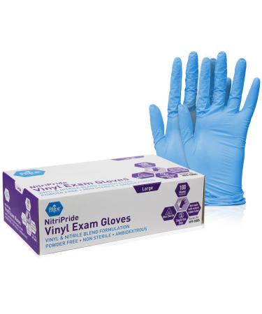 Med PRIDE NitriPride Nitrile-Vinyl Blend Exam Gloves, Large 100 - Powder Free, Latex Free & Rubber Free - Single Use Non-Sterile Protective Gloves for Medical Use, Cooking, Cleaning & More 100 Large