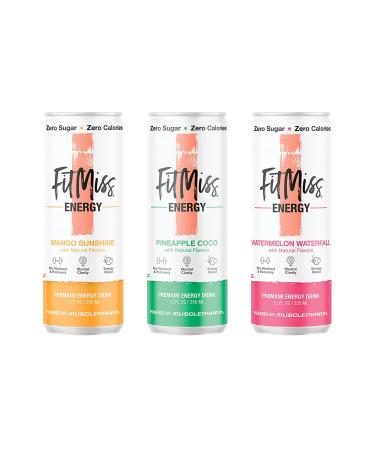 MusclePharm FitMiss Energy Drink 12oz (Pack of 12) Variety Pack - Mango  Pineapple Coconut  Watermelon - Sugar Free Calories Free - Perfectly Carbonated with No Artificial Colors or Dyes Mango  Watermelon  Pineapple Coconut - Buy Online on GoSupps.com