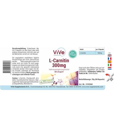 L-Carnitine 300 mg - 60 Vegan Capsules | Crystallines Carnipure Carnitine - High Dose - Premium Quality from Germany | Vive Supplements - Buy Online on GoSupps.com