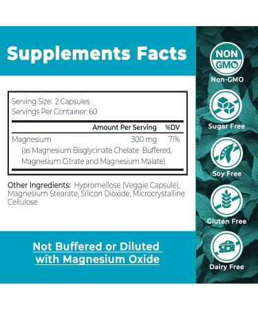 Triple Magnesium Complex Supplement,300mg of Magnesium Glycinate Malate & Citrate for Muscles Nerves & Energy High Absorption 120 Vegan Capsules,Non-GMO USA Made - Buy Online on GoSupps.com