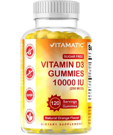 Vitamatic Sugar Free Vitamin D3 10000 IU per Gummy - 120 Pectin Based Gummies - Great Taste - Healthy Bones Mood & Immune System Function - Non-GMO - 120 Servings - Buy Online on GoSupps.com