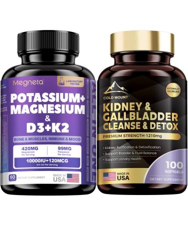 Magnesium Potassium Vitamin D3 K2 10000IU Supplement and Kidney & Gallbladder Cleanse Detox & Repair Supplement