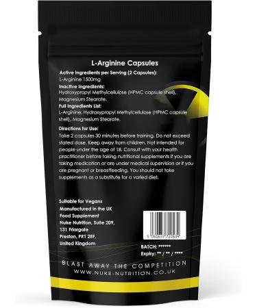 Nuke Nutrition L Arginine Capsules 1500mg - 365 Count - Nitric Oxide Supplement for Muscle Strength & Endurance - Pre Workout Energy Pills - Buy Online on GoSupps.com