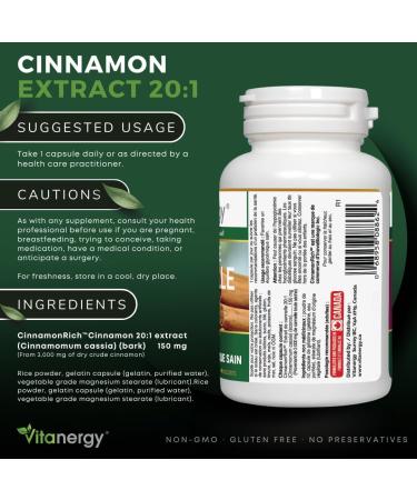 Vitanergy Super Strength Cinnamon Extract Healthy Blood Sugar Level Cardiovascular Support 150mg Ultra 20:1 Extract Rate (from 3000mg Dry Cinnamon) - 60 Capsules Supplement - One Capsule per Day-Made in Canada - Buy Online on GoSupps.com