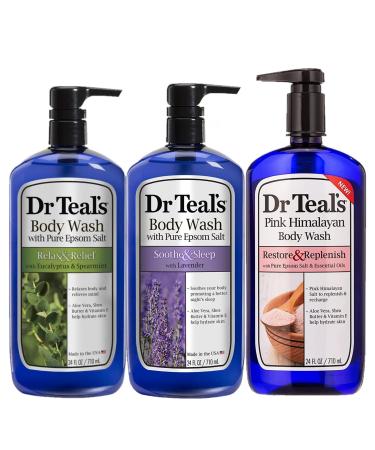 Dr Teal's Pure Epsom Salt Body Wash Variety Gift Set (3 Pack 24oz ea) - Lavender Eucalyptus & Spearmint & Pink Himalayan - Essential Oils Soothe the Senses & Calm the Mind - Relieve Stress at Home