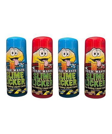 Slime Licker - 4-Pack of Sour Rolling Liquid Candy - 2 Red Strawberry and 2 Blue Razz Flavors - 2 ounces each Bottle - Toxic Waste - TikTok Challenge