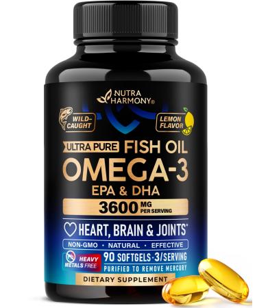 Omega 3 Fish Oil 3600 mg - Omega 3 Supplement | EPA & DHA - Heavy Metals Free - Heart Brain & Joint Support - Purified Fish Oil for Men & Women - Lemon Flavored - Made in USA 90 Softgels