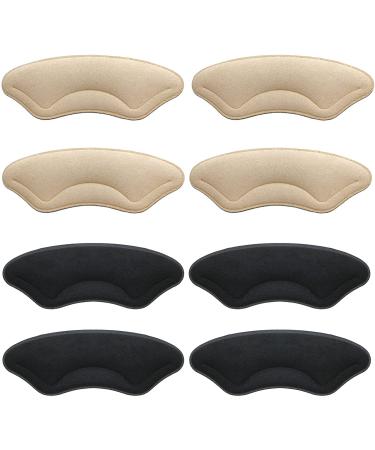 Mukifine Microfiber Leather Heel Cushion Pads, 4 Pairs Heel Liners Prevent Heel Blisters, Bunion Callus, and Loose Shoes, Heel Preventor for Heel Pain Relief. Black & Beige
