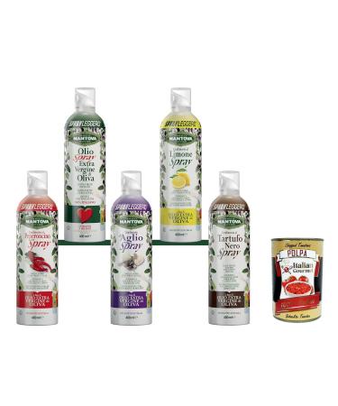 Italian Gourmet E.R. Set of 5 extra virgin olive oil spray bottles flavored with garlic lemon chili black truffle + 400g Italian gourmet polpa