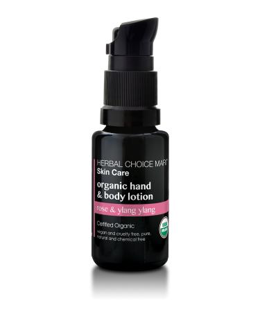 Nature's Brands Organic Hand & Body Lotion by Herbal Choice Mari (Rose & Ylang Ylang 0.5 Fl Oz Glass Bottle) - No Toxic Synthetic Chemicals - TSA-Approved Travel Size 0.5 Fl Oz (Pack of 1) Rose & Ylang Ylang