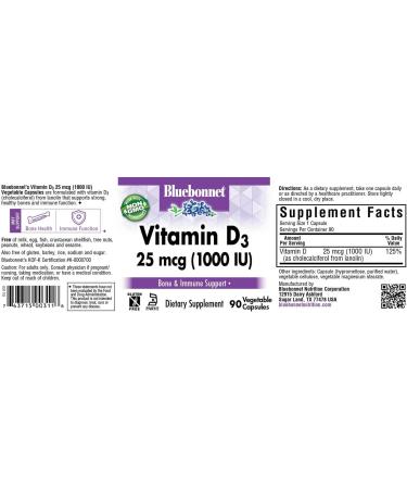 BlueBonnet Nutrition Vitamin D3 1000 IU for Muscle and Skeletal Growth - Non-GMO, Gluten-Free, Soy-Free, Milk-Free, Kosher - 90 Vegetable Capsules - Buy Online on GoSupps.com