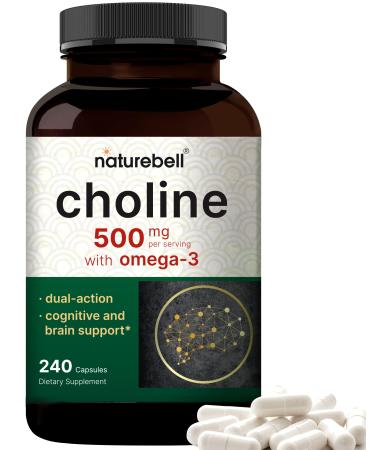 Choline Supplements 500mg with Omega-3 Fatty Acids 240 Capsules | High Potency Choline Bitartrate Prenatal Support During Pregnancy Promotes Energy Liver Brain & Cognitive Health