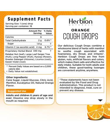 Herbion Naturals Orange Cough Drops - 18 Ct - Soothes Sore Throat & Dry Mouth - For Adults & Children 6 - Buy Online on GoSupps.com