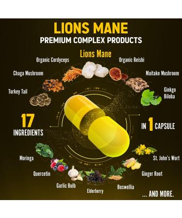 Lions Mane Mushroom Complex Capsules 22000mg with Cordeyceps, Reishi & Elderberry - Focus, Memory & Brain Support - Immune & Energy Supplement - 60 Count - Buy Online on GoSupps.com