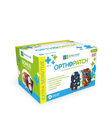 OPTHOPATCH Kids Eye Patches - Fun Boys Design Series I - 90 + 10 Bonus Latex Free Hypoallergenic Cotton Adhesive Bandages for Amblyopia and Cross Eye - 3 Reward Chart Posters by Defined Vision