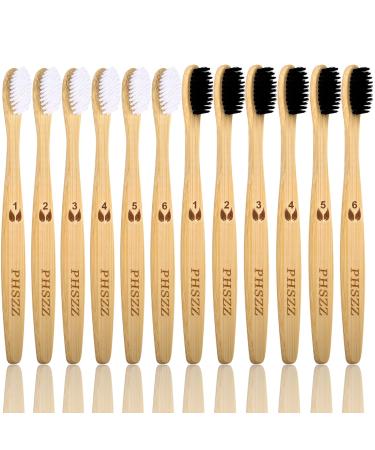 PHSZZ 12 Pack Bamboo Toothbrushes Natural Eco-Friendly Soft Bristles Bamboo Toothbrush BPA Free Biodegradable Compostable Charcoal Organic Green Wooden Toothbrushes Numbered for Easy Recognition