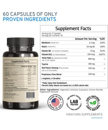 VINATURA Yerba Mate Taurine 1400mg - USA Made Energy Supplement with Panax Ginseng & Vitamin B Complex - 60 Capsules - Buy Online on GoSupps.com