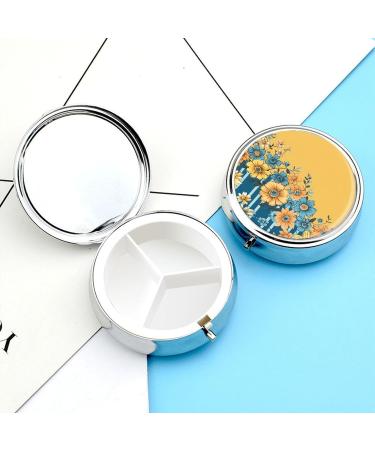 Buy Round Yellow & Blue Floral Print Pill Box - 3 Compartment Portable Medicine Organizer | Decorative Metal Pill Case - Buy Online on GoSupps.com