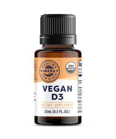 Vimergy USDA Organic Vegan Vitamin D3 Extract 96 Servings  Supports Strong Bones & Healthy Immune System  Alcohol Free Liquid Vitamin D3 Drops - Gluten-Free Non-GMO Kosher Vegan & Paleo (15 ml)