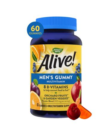 Alive! Men's Gummy Vitamin Complete Multi-Vitamin Supplement with Orchard Fruits/Garden Veggies Blend of Powder/Juice/Extract 60 Gummies.