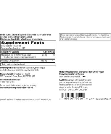 Klaire Labs SFI Health Reduced L-Glutathione 150mg - Antioxidant Supplement with Magnesium for Liver, Detox & Immune Support - Active, Reduced Form - Hypoallergenic (100 Capsules) - Buy Online on GoSupps.com