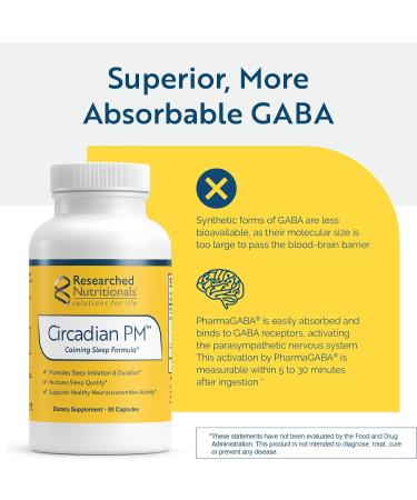 Researched Nutritionals Circadian PM - Natural Sleep Support for a Healthy Nervous System & Peaceful Nights | L Theanine 5 HTP Valerian Root & GABA - 90 Capsules - Buy Online on GoSupps.com