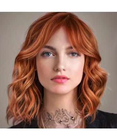 WOKESTAR Bob Curly Wig with Fringe Short Synthetic Wavy Wigs for Women Red Ginger Color 12 inch Red Ginger