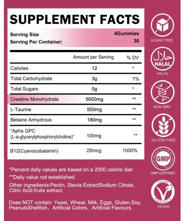 Buy Sugar-Free Creatine Monohydrate Gummies 5000mg - Chewable Pre-Workout Supplement with L-Taurine & B12 for Muscle Strength & Recovery - 120 Count Strawberry - Buy Online on GoSupps.com