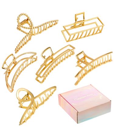 6Pcs Metal Hair Claw Clips 3.4-3.5''Large Non-Slip Hair Claw Clips Half Bun Hairpins for Thick Hair Barrette Jaw Clamp for Women Any Hairstyle Strong Gold Hair Clips Easy Pulling Up Hair with Box