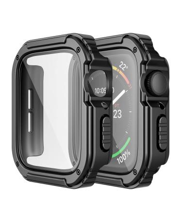 Adepoy 2 Pack Rugged Case Compatible for Apple Watch 44mm Series SE/6/5/4 with Tempered Glass Screen Protector Military All Around Hard TPU Protective Cover Case Shockproof Bumper for iWatch Men 44mm 44mm Black*2