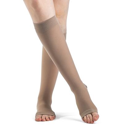 SIGVARIS Women’s DYNAVEN Open Toe Calf-High Socks 30-40mmHg - Medium Short - Light Beige Light Beige MS - Medium Short
