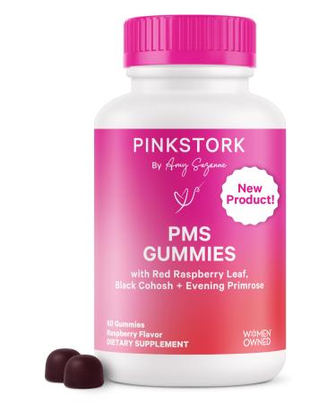 Pink Stork PMS Support Gummies - Red Raspberry Leaf & Black Cohosh for Bloating Acne & Cravings - Proactive Period & PMS Support Supplement - Hormone Balance - 60 Plant-Based Berry Gummies