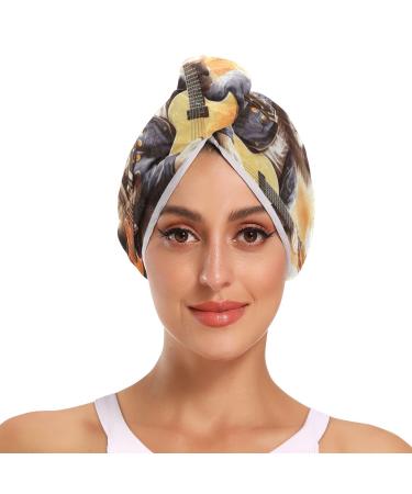 Raccoon with Guitar Hair Towel 2 Pack Super Absorbent Hair Drying Towel Quick Dry Hair Turbans Head Towel with Button Twisty Wrap for Women Girls