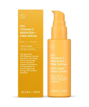 Allies of Skin 20% Vitamin C Brighten + Firm Serum: 20% Ethylated L-Ascorbic Acid + Orange Extract Complex with Glutathione. Firms & Intensely Brightens. For Smooth Elastic Skin 1 oz / 30 ml