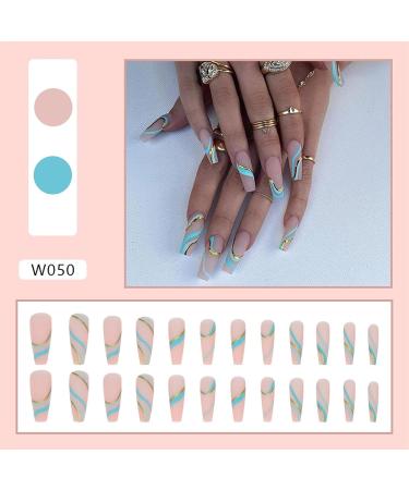 48pcs (2pack) Long Press On Nails with Green Wave Print French Ballerina Fake Nail Tips DIY Arylic False Nail Tips Press-on False Nails for Women and Girls - Buy Online on GoSupps.com