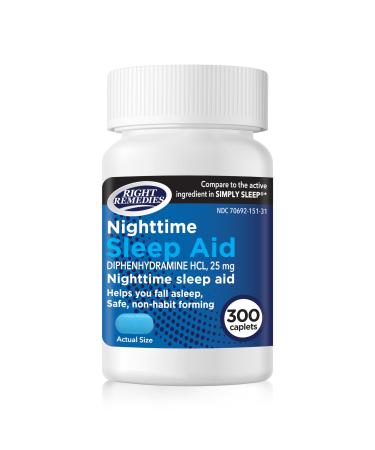 RIGHT REMEDIES Nighttime Sleep Aid Caplets Diphenhydramine HCl 25 mg Safe & Non-Habit Forming Compare to The Active Indgredient in Simply Sleep (300 ct)