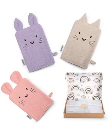 R uberella washcloth wash mitt set of 3 made of muslin gift for birth (pink-beige-lilac) - Buy Online on GoSupps.com