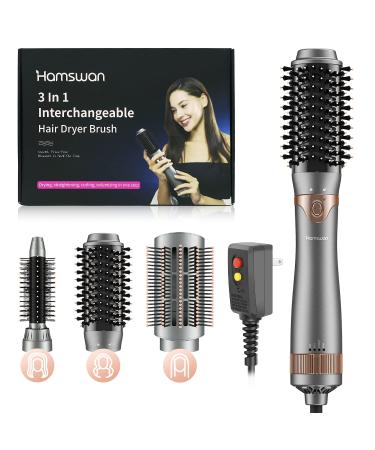 Hair Dryer Brush Hot Air Brush Interchangeable 3 Brush Heads Hair Dryer & Volumizer Styler One-Step Blow Dryer Brush for Drying Combing Styling Straightening Gray