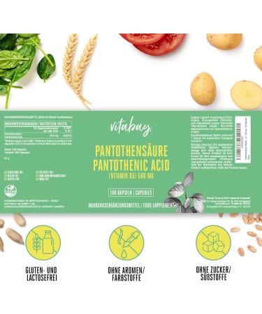 Vitabay Vitamin B5 Pantothenic Acid 500 mg - 100 Vegan Capsules for Optimal Health - High Dose Panthenol Tablets - Gastrointestinal Support - Vegan-Friendly - Buy Online on GoSupps.com