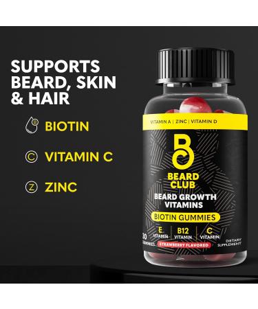 The Beard Club Biotin Beard Growth Vitamin Gummies - Beard and Hair Supplement for Men - Vitamins B12 E & C to Support a Thicker Fuller Looking Beard - Mens Beard Care - Strawberry Gummy Growth Gummies - Buy Online on GoSupps.com
