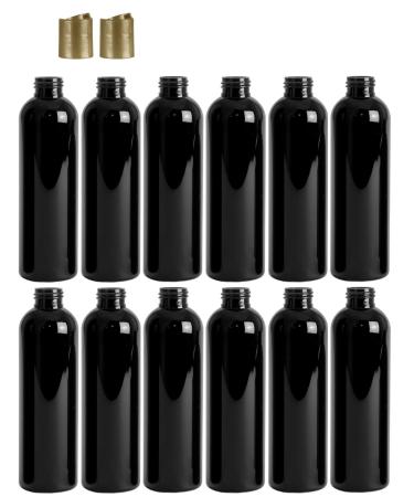 Premium Essential Oil 4 Ounce Cosmo Round Bottles, PET Plastic Empty Refillable BPA-Free, with Gold Press Down Disc Caps (Pack of 12) (Black)