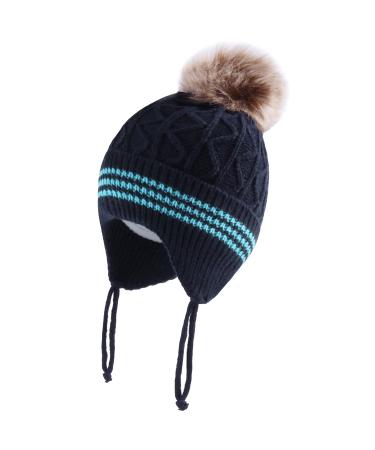 LANGZHEN Toddler Kids Infant Winter Hat Earflap Knit Warm Cap Fleece Lined Beanie for Baby Boys Girls 1-2 Years Navy-Pompon - Buy Online on GoSupps.com