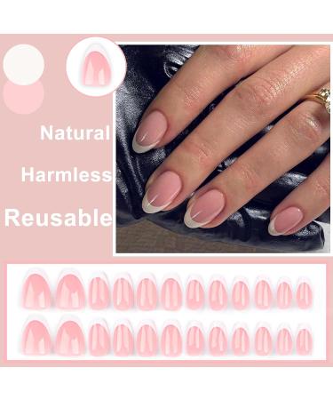 24 Pcs Nude Almond & French White Press-On Nails | Full Cover Artificial Acrylic Fingernails with Nail Glue Sticker for Women & Girls - Buy Online on GoSupps.com
