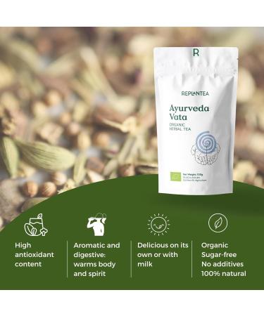 Ayurveda Tea Vata Organic 100g (50 Cups) | Herbal Loose Leaf Tea with Liquorice Ginger Cinnamom Fenugreek Cardamom Orange REPLANTEA - Buy Online on GoSupps.com
