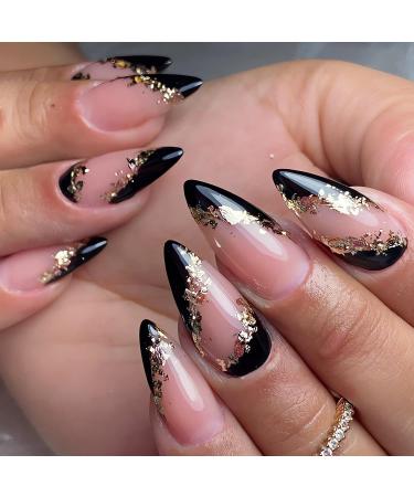 Medium Almond Fake Nails Black French Tip Press on Nails Glossy Gold Foil Glue on Nails Cute Almond Shape False Nails Pink Stick on Nails for Women Manicure Decorations  24pcs black french gold foil